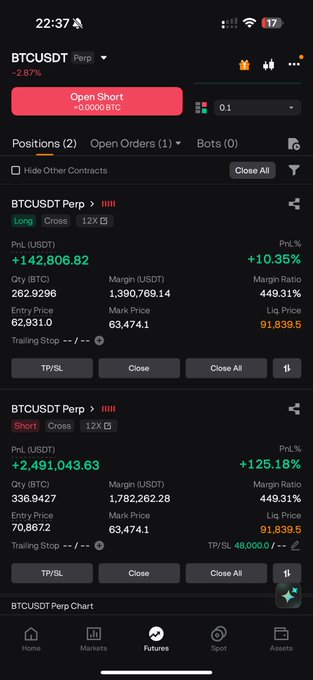 The image shows a phone screen displaying information about trading positions at a cryptocurrency exchange. The screen has various details such as the current position, open orders, and other relevant data. There are also options available for both long and short positions on the market. The background of the image is black, which makes it easy to read the text displayed on the phone's screen.