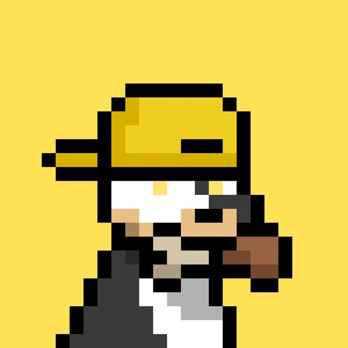 A pixel art illustration of a character wearing a yellow cap and dark clothing, smoking a brown pipe against a bright yellow background.