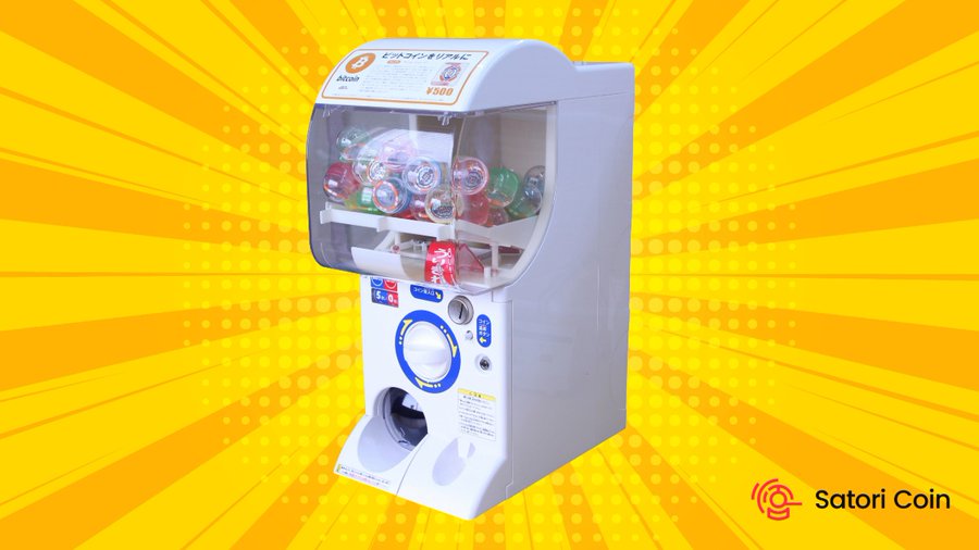 A white gashapon (capsule toy) vending machine filled with colorful capsules is shown against a bright yellow sunburst background, with a 'Satori Coin' logo in the bottom right corner.