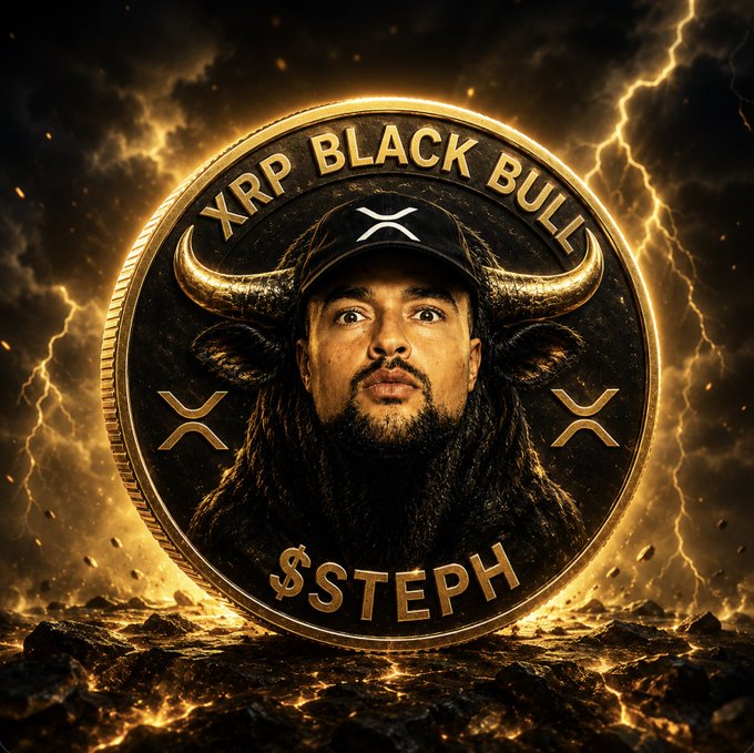 A digitally crafted golden coin labeled "XRP BLACK BULL $STEPH" features a man's face blended with a bull's horns, surrounded by dramatic lightning. The coin imagery ties into the post's bullish claim about XRP, with "$STEPH" appearing as a promoted memecoin ticker alongside a pump.fun link.