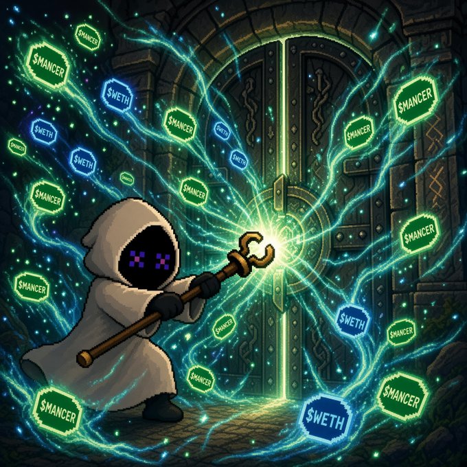 A hooded, white-cloaked figure with a dark face and pixelated 'X' eyes wields a staff emitting bright green light in front of a stone door. Floating badges around the figure read '$MANCER' and '$WETH'.