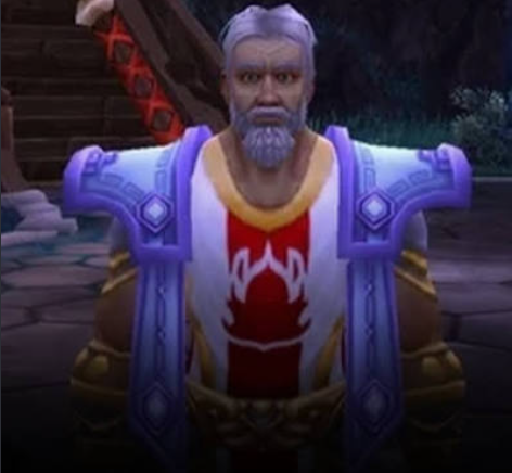 A 3D-rendered fantasy character with white hair and beard wears purple and red armor with a flame emblem.