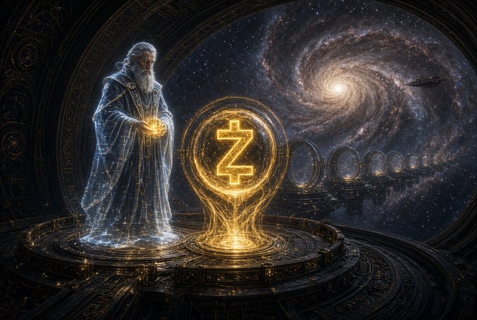 A bearded wizard-like figure in robes stands beside a glowing golden sphere containing the Zcash (Z) cryptocurrency logo, set against a cosmic backdrop with a spiral galaxy and starry sky.