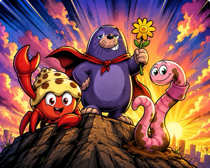 A vibrant cartoon illustration features a walrus wearing a red cape and holding a flower, flanked by a crab in a seashell hat and a smiling worm on a rocky peak.