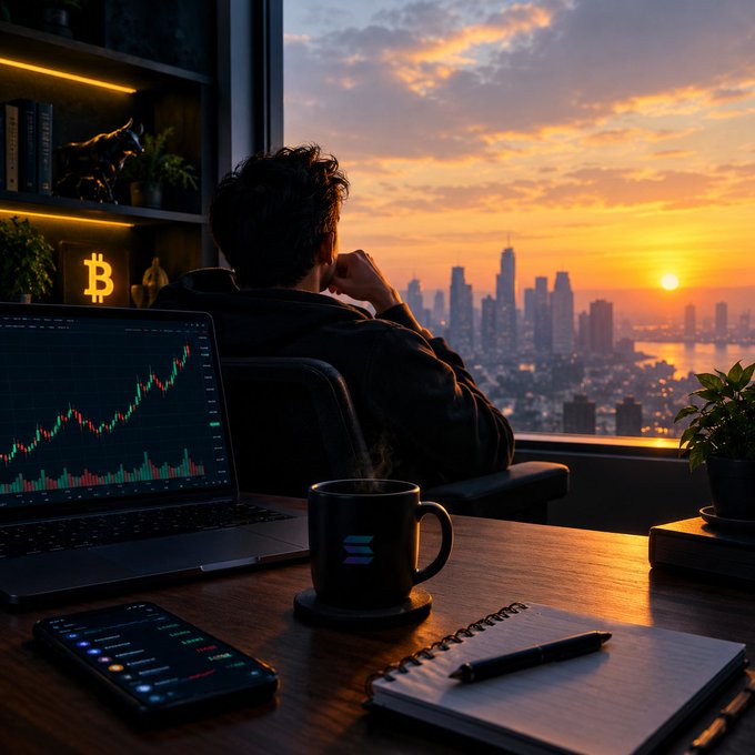 An AI-generated image of a man viewed from behind, looking at a sunset over a city skyline, with a laptop displaying a crypto trading chart, a Solana (SOL) mug, and a Bitcoin (₿) sign visible in the background.