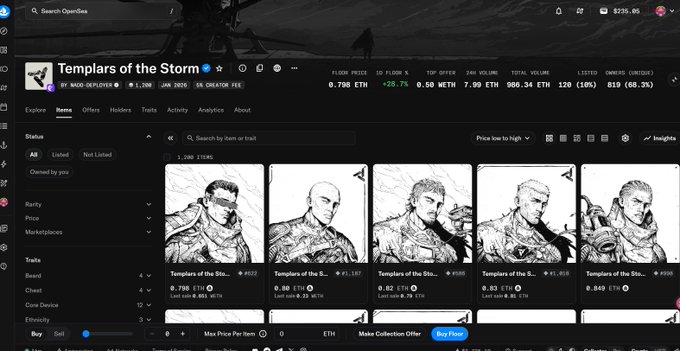 A screenshot of an NFT marketplace page for the "Templars of the Storm" collection, showing artwork thumbnails and floor price data of 0.798 ETH.