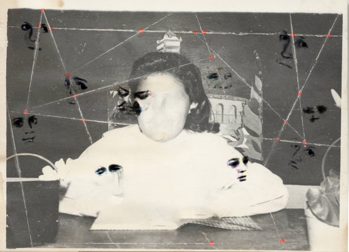 A damaged, black-and-white vintage photograph of a girl at a desk with a tiara, featuring red connection points and overlaid geometric lines.