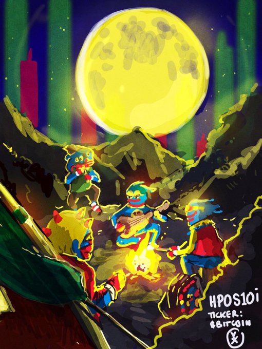 A vibrant digital artwork titled 'HPOS10i' showing colorful characters camping around a fire under a large yellow moon with a Bitcoin symbol, credited to Ticker: 4BitCoin.