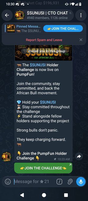 A Telegram screenshot showing a pinned message in the "$SUNUSI | CTO CHAT" group (4940 members, 1126 online) inviting members to join a "$SUNUSI Holder Challenge" on PumpFun—identified as a scam impersonating the official community.