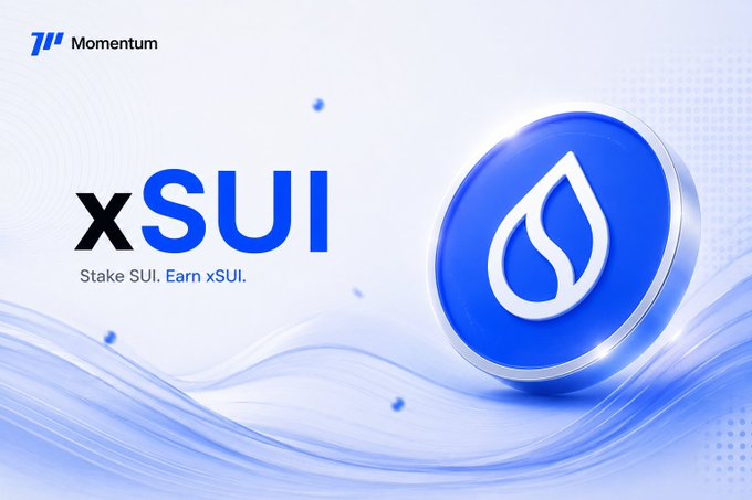A Momentum-branded promotional graphic features a glossy blue SUI coin alongside the text "xSUI - Stake SUI. Earn xSUI," visually reinforcing the post's message that staked SUI can be tokenized into xSUI to simultaneously earn native staking yield while remaining liquid and functional across DeFi applications.