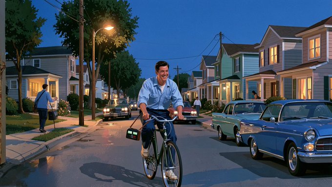 A nostalgic illustration depicts a smiling boy riding a bicycle down a suburban street at dusk, with vintage cars and lit houses lining the road.