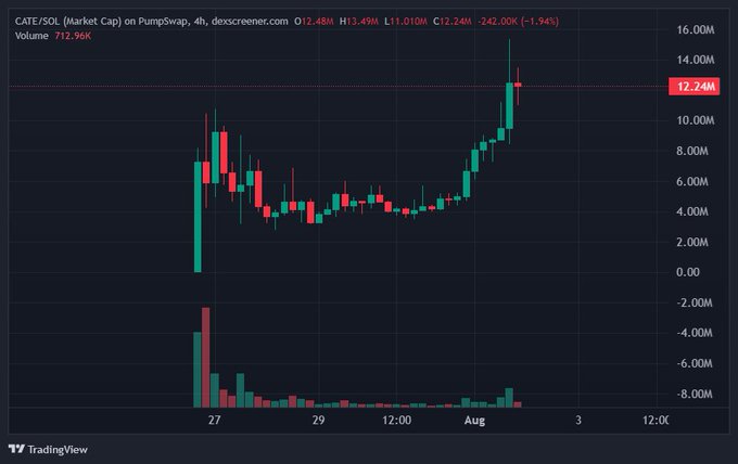 A TradingView chart titled "CAT/SOL (Market Cap) on PumpSwap, 4h, dexscreener.com" displays an upward price trend with a current value of 12.74M, having a 24-hour volume of 712.96K.