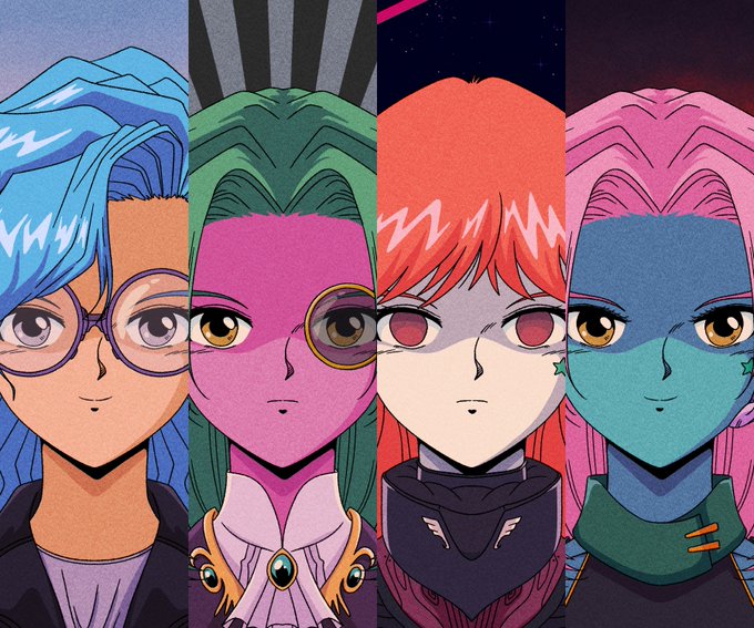 Anime-style illustration showing four vertical panels of character portraits with blue, green, red, and pink hair, each with large expressive eyes.