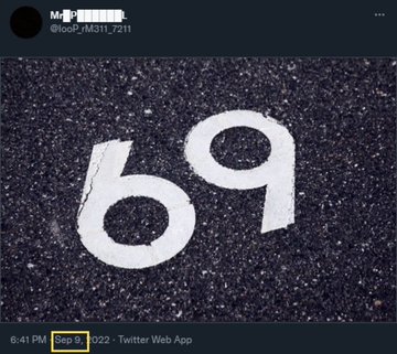 A screenshot of a tweet from user "@box_Na3TLr2H" featuring an image of the number "69" painted in white on dark asphalt, posted on September 5, 2022 at 6:41 PM. The caption "6♾️9 Flip-the-switch" refers to the 69 in the image, suggesting its symbolic meaning of flipping or reversing.