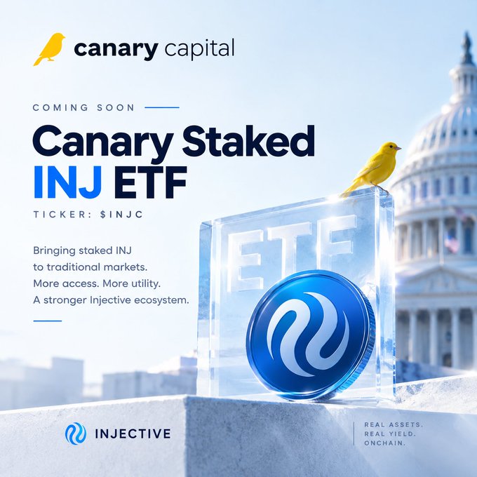 A Canary Capital advertisement announces the 'Canary Staked INJ ETF' with ticker $INJC, featuring a yellow canary bird perched on a translucent block displaying the ETF logo and Injective branding, set against a backdrop of the U.S. Capitol building.