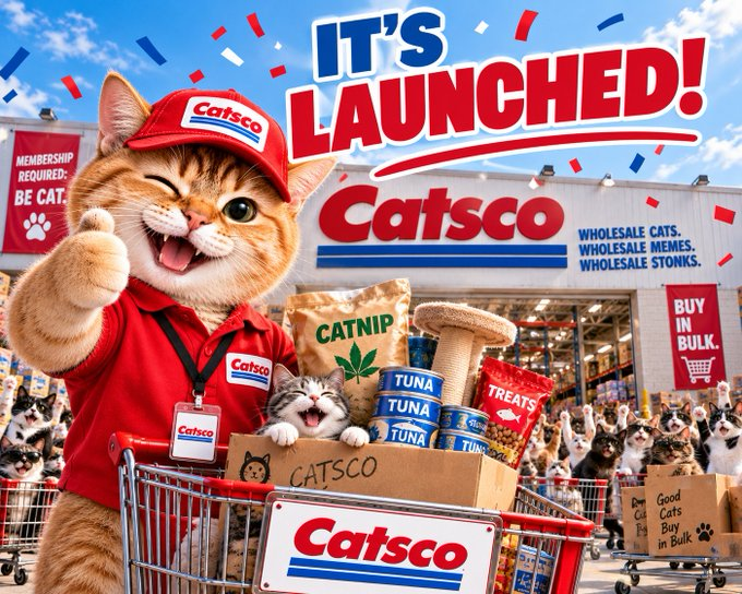 A promotional image for 'Catsco' showing a cat in a red uniform giving a thumbs up, with text reading 'IT'S LAUNCHED!' and 'WHOLESALE CATS. WHOLESALE MEMES. WHOLESALE STONKS.'
