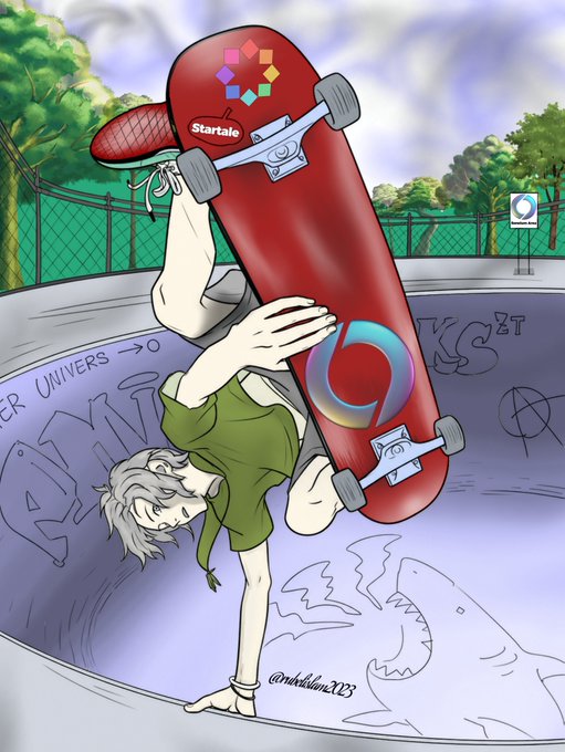 Anime-style artwork by '@nikiduki013' depicting a character with white hair performing a handstand/trick while holding a red 'Startale' skateboard inside a skate bowl, with a Star Wars logo visible in the background.