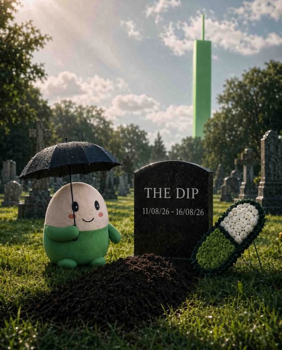 A cute cartoon egg-like character in green pants holds a black umbrella while mourning beside a tombstone inscribed "THE DIP" with the dates "11/08/26 - 16/08/26," with a heart-shaped floral wreath nearby and a green declining line graph superimposed on the cloudy sky in the background.