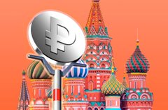 An illustration shows a ruble symbol signpost in front of Saint Basil's Cathedral in Russia.