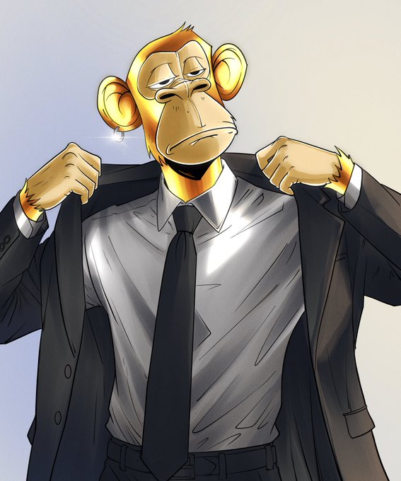 A stylized illustration of an anthropomorphic monkey in a black suit and tie, appearing tired or bored as it adjusts its jacket.