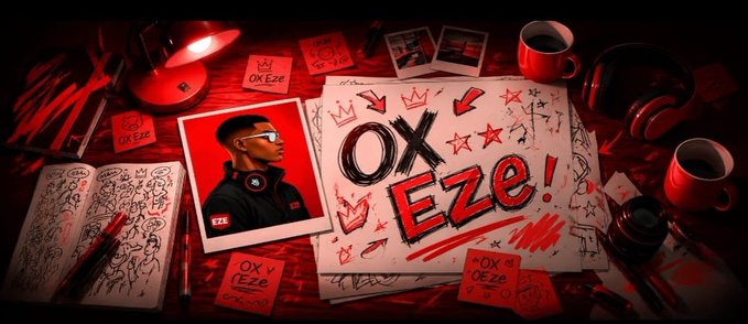 A red-lit desk scene featuring drawings, photos, and papers with the text 'OX Eze!' scattered alongside coffee mugs, headphones, and other desk items.