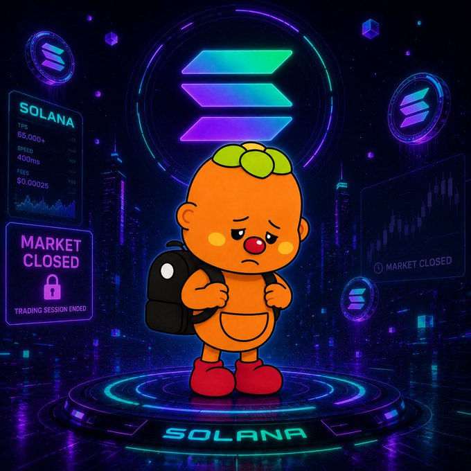 Futuristic-style illustration of a sad orange cartoon character with a backpack standing on a platform labeled 'SOLANA', surrounded by crypto market data and 'MARKET CLOSED' signs.