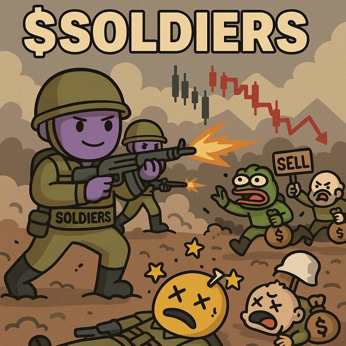 A cartoon meme titled '$SOLDIERS' showing purple-faced soldiers in helmets labeled 'SOLDIERS' shooting at falling crypto coins with candlestick charts in the background depicting a downward trend.