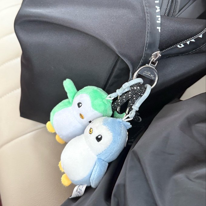 Two plush penguin keychains—one green and one blue—named "Ji Ji and Wai Wai" dangle from a black backpack strap, serving as the travel companions referenced in the post. Partial text reading "JAMIN" and "DIA" is visible on the bag's zipper tape.