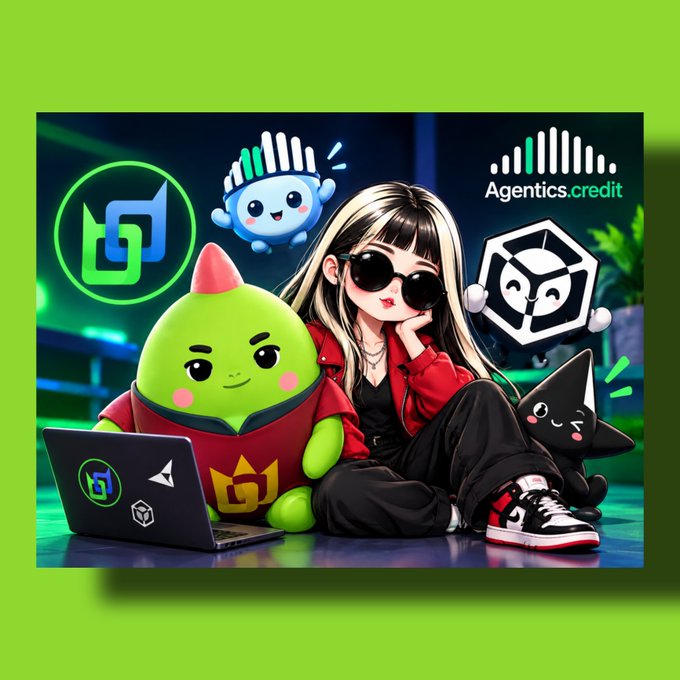 A digital illustration featuring an anime-style woman with sunglasses sitting with two cartoonish characters, one green and one dark, alongside logos and text for 'Agentics.credit'.