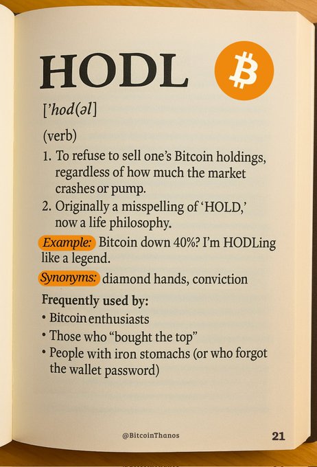 A dictionary-style page defines 'HODL' as a verb meaning to refuse to sell Bitcoin holdings, with a Bitcoin logo and example sentences about diamond hands.