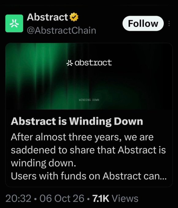 A screenshot of Abstract Chain's (@AbstractChain) official X post announcing "Abstract is Winding Down" after almost three years, with 7.1K views as of October 6, 2026. The post aligns with the caption's sentiment that the L2 chain was unnecessary and contributed to the decline of the airdrop narrative, as Abstract was a consumer-focused Layer 2 built on the OP Stack that ultimately failed to sustain demand.