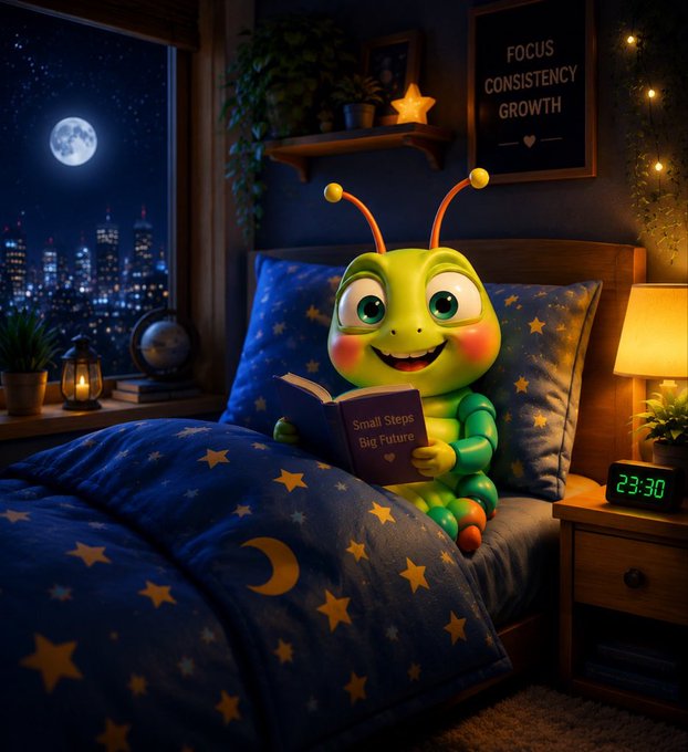 A cartoon caterpillar character sitting in a star-patterned bed reading a book titled 'Small Steps Big Future', with a nightstand clock showing 23:30 and a framed sign reading 'FOCUS CONSISTENCY GROWTH' on the wall.