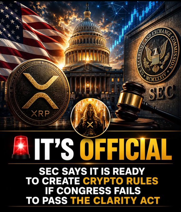 A promotional graphic featuring the XRP coin, US Capitol, SEC seal, and gavel, with bold text reading 'IT'S OFFICIAL - SEC SAYS IT IS READY TO CREATE CRYPTO RULES IF CONGRESS FAILS TO PASS THE CLARITY ACT'.