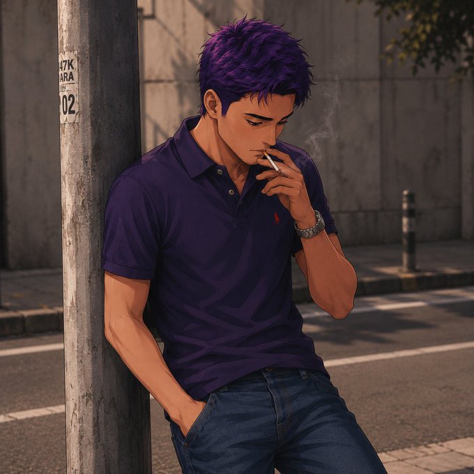 Anime-style illustration of a man with purple hair wearing a purple polo shirt, smoking a cigarette while leaning against a metal pole on a street.