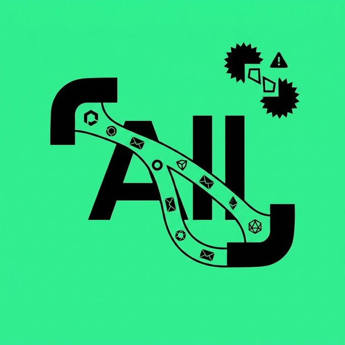 A stylized green and black graphic featuring the letters 'AI' overlaid with a winding path or tube containing small geometric icons.