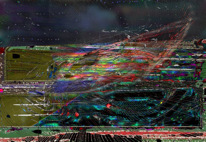 An abstract, glitch-like digital artwork with chaotic streaks of green, red, and blue colors over a dark background.