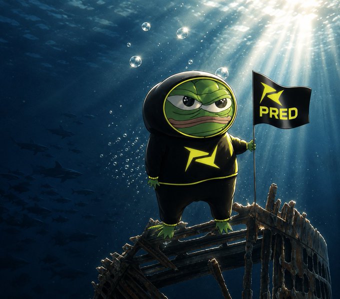 A Pepe the Frog character in a black and yellow hoodie stands on a shipwreck underwater holding a black flag with 'PRED' and a yellow logo, with sunlight streaming through the water above.