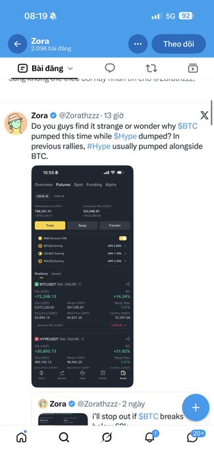 A screenshot of an X (Twitter) post from user @Zorathzz discussing $BTC pumping while $Hype dumped, showing cryptocurrency market data with BTCUSDT and HYPEUSDT prices.