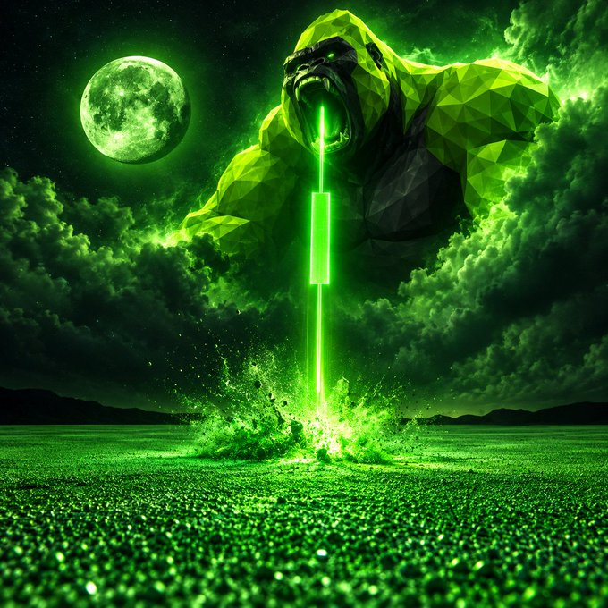 A green-tinted fantasy illustration of a roaring King Kong-like gorilla with glowing eyes standing against a cloudy night sky with a full moon, while emitting a glowing green beam resembling a crypto chart candle onto a green field below.