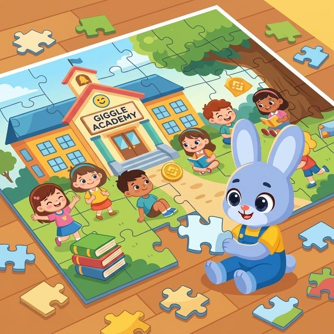 A blue bunny in overalls holds a puzzle piece while completing a colorful puzzle of "Giggle Academy," showing smiling children playing outside the school. The scattered puzzle pieces and the act of fitting them together visually represent the message that collective contributions gradually build classrooms, lessons, and educational opportunities for children.