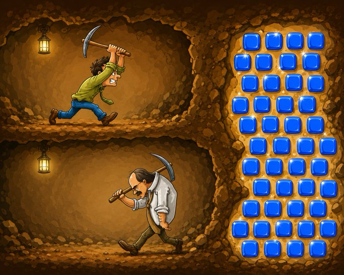 A cartoon-style game scene featuring two miners with pickaxes in cave tunnels alongside a grid of blue gem blocks on a stone wall.
