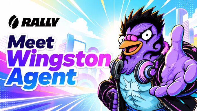 The image is a vibrant promotional graphic for Rally featuring "Wingston," a cartoon purple bird-like character with headphones and a maple leaf t-shirt, giving a thumbs-up against a colorful cityscape background. The bold text reads "Meet Wingston Agent" alongside the Rally logo, introducing Rally's new AI agent that helps refine briefs and catch missed angles before posting, as referenced in the caption.
