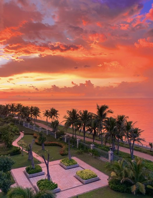 A scenic tropical resort view featuring a vibrant orange and red sunset over the ocean, with silhouetted palm trees lining a pathway and landscaped garden area in the foreground.