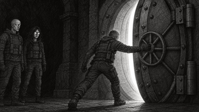 A black and white illustration shows three figures in tactical gear opening a massive circular vault door, with bright light streaming in from behind it.