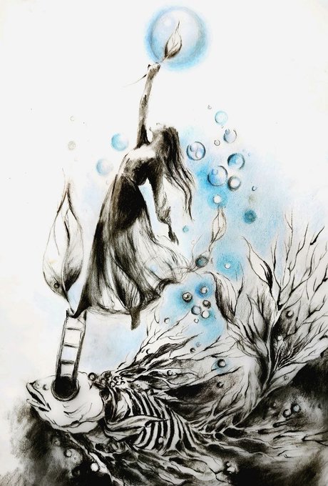 A surreal charcoal and watercolor style artwork depicting a ghostly, flowing figure with a ladder emerging from a skeletal fish, surrounded by bubbles and tree-like branches against a light blue wash.