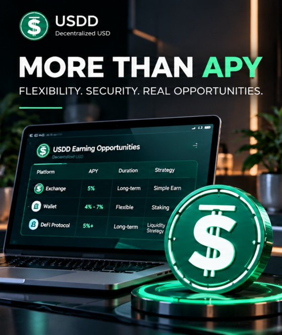 Promotional graphic for USDD Decentralized USD cryptocurrency featuring a laptop displaying earning opportunities (Exchange 5%, Wallet 4%-7%, DeFi Protocol 5%+) and a glowing green coin, with the tagline 'MORE THAN APY. FLEXIBILITY. SECURITY. REAL OPPORTUNITIES.'