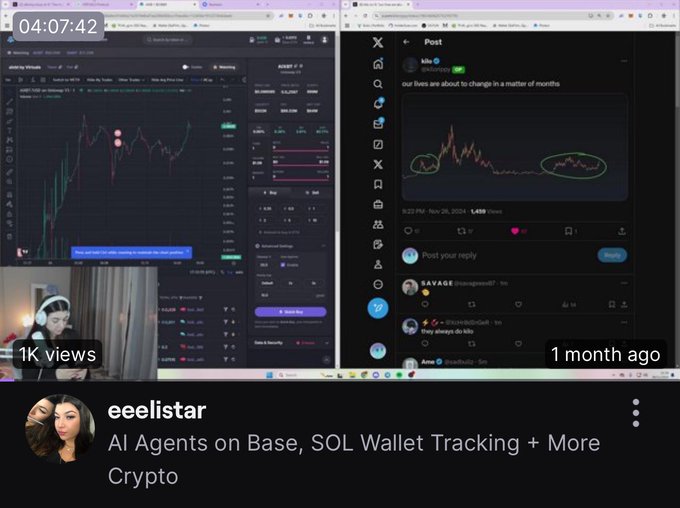 A split-screen shows a crypto trading chart and a post by “kilo” reading, “our lives are about to change in a matter of months,” with “1K views” and “1 month ago” labels. Below, YouTube channel “eeelistar” is promoting “AI Agents on Base, SOL Wallet Tracking + More Crypto,” echoing the post’s theme of making early AI-agent and Robinhood trades.