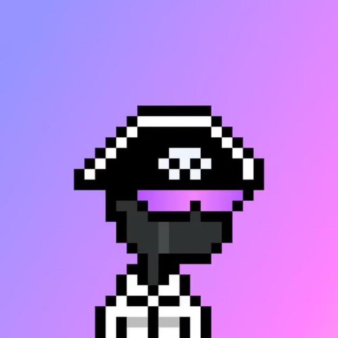 A pixel art character with a black hooded headpiece featuring a white digital visor, a purple mouth, dark body, and white/black striped lower body, set against a soft purple-pink gradient background.