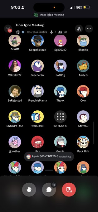 Screenshot of a Discord voice call titled 'Inner Igloo Meeting' with 163 participants in 5 voice channels, displaying various user avatars and usernames including KHIIRO, Deepak Maze, and Teacher96.