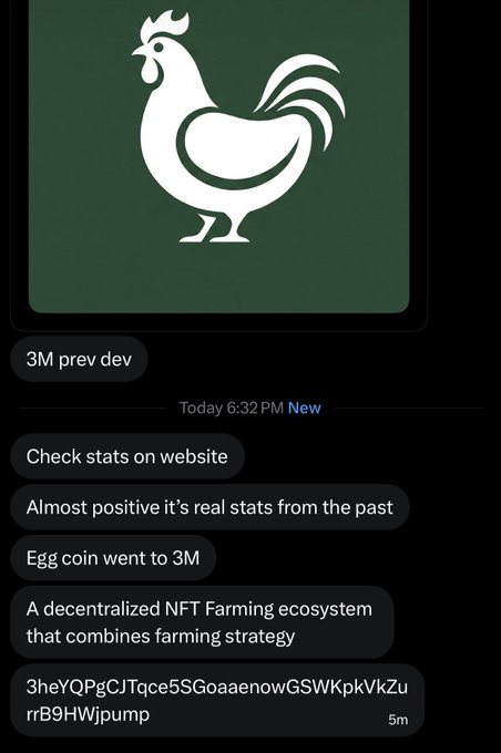 A chat message features a green square logo with a white rooster silhouette, alongside text reading "3M prev dev," "Check stats on website," "Almost positive it's real stats from the past," "Egg coin went to 3M," "A decentralized NFT Farming ecosystem that combines farming strategy," and the contract address "3heYQPgCJTqce5SGoaaenowGSWKpkVkZurrB9HWjpump" posted 5 minutes ago—promoting Chickenverse ($CHICKEN) by highlighting the developer's track record of a previous project reaching a 3 million market cap.